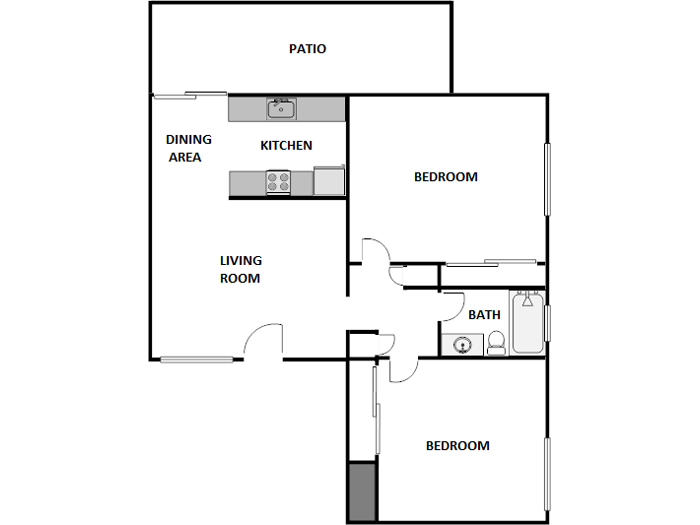Floor plan for 2 beds, 1 bath, 900 sqft